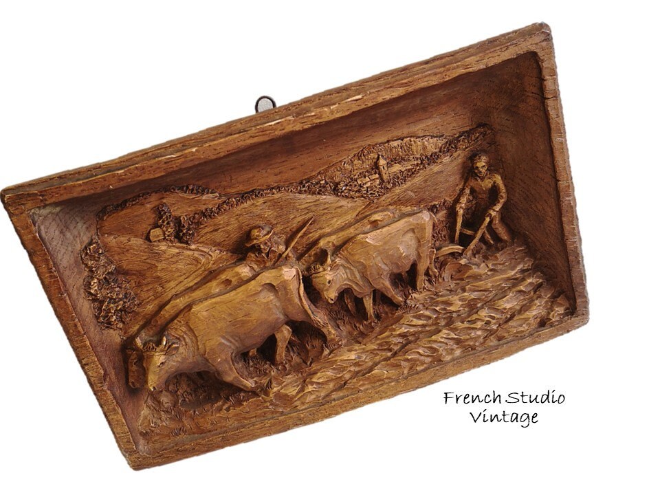 Vintage Bois Mur Suspendu Main Sculpté Relief Scène Agricole Décor Mural Affichage Cadeau/Français S