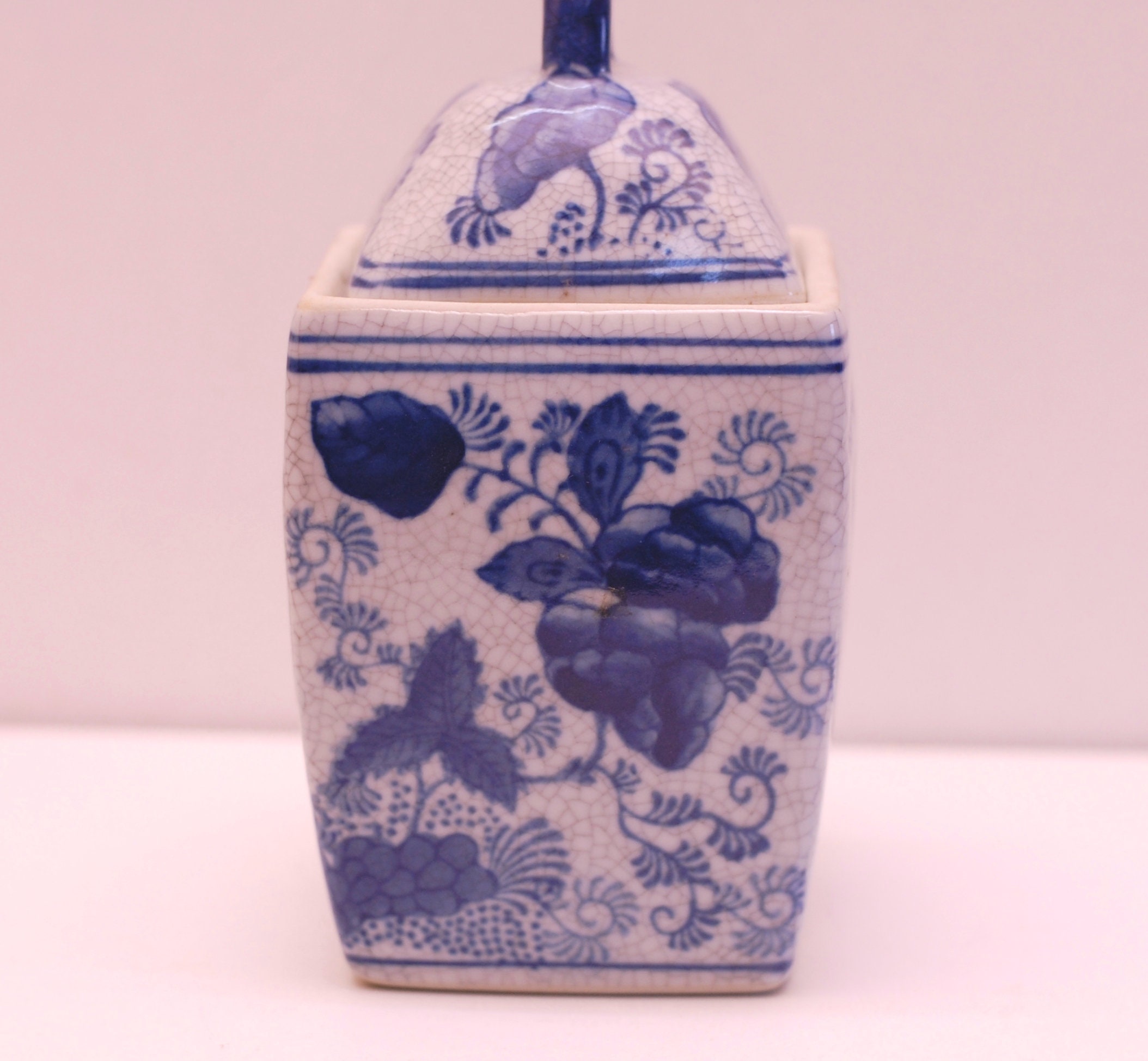 Pot en Céramique Chinoise Vintage Récipient avec Couvercle Thème Floral Bleu Blanc Oriental Décor Ca