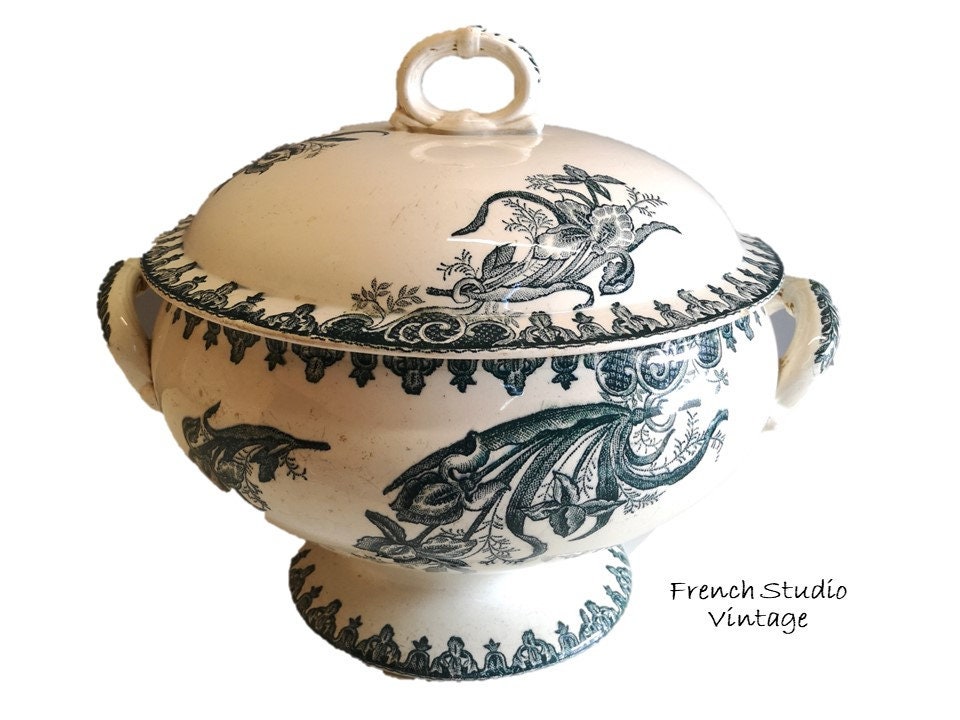 Vintage Français Tureen Lidded Bowl Ceramic Transferware St Amandinoise Fleur Cuisine Décor Affichag