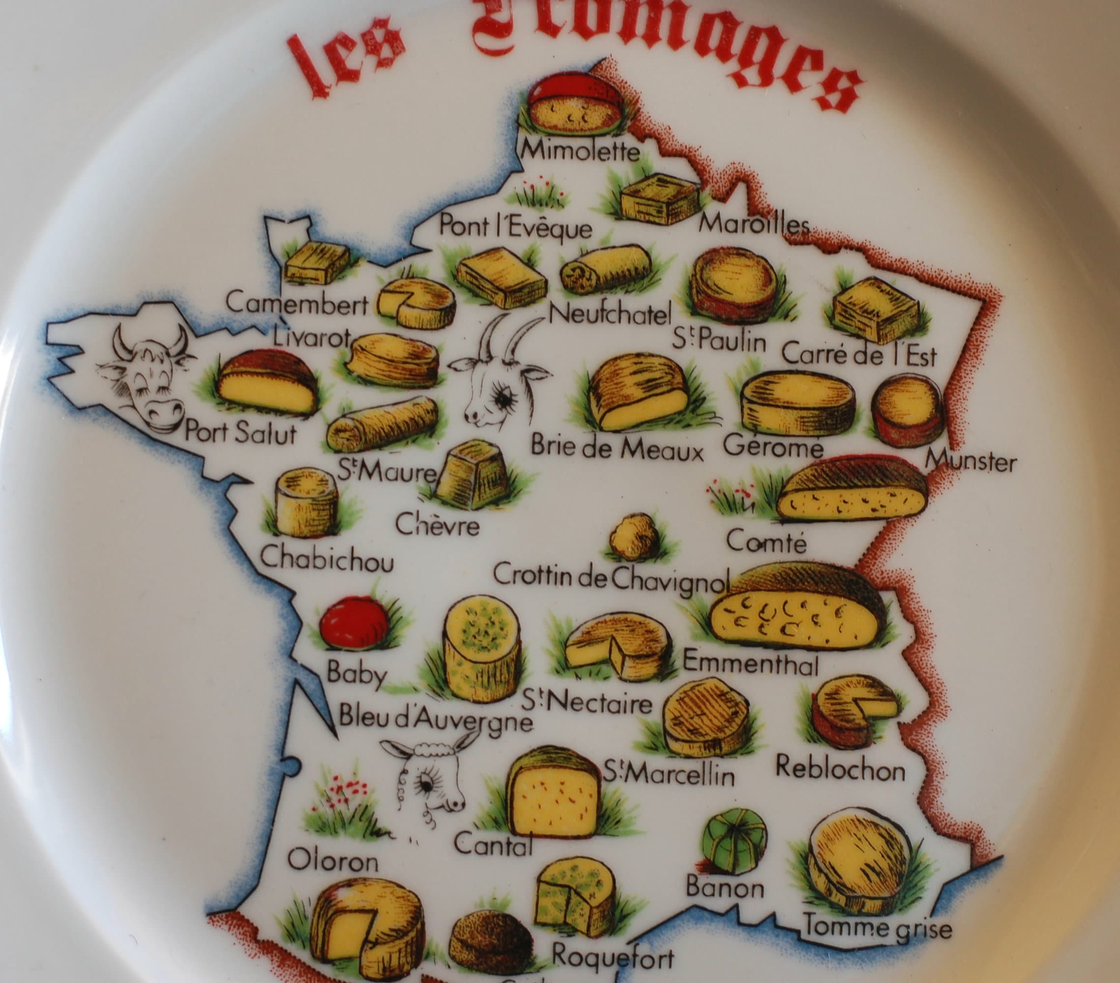 ヴィンテージ磁器製チーズプレート、フランス地図柄（4枚セット