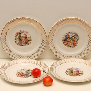 Vintage Französische Keramik Beilagenteller Moulin des Loups 4er Set Japanisches Paar Bilder Asiatische Kunst Orientalisches Dekor Display / French Studio Vintage