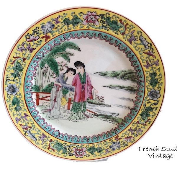 Vintage Chinese Ceramic Plates Famille Rose Hand painted Traditional Chinese Lady Flowers Asian Art Oriental Decor /Frenchstudiovintage