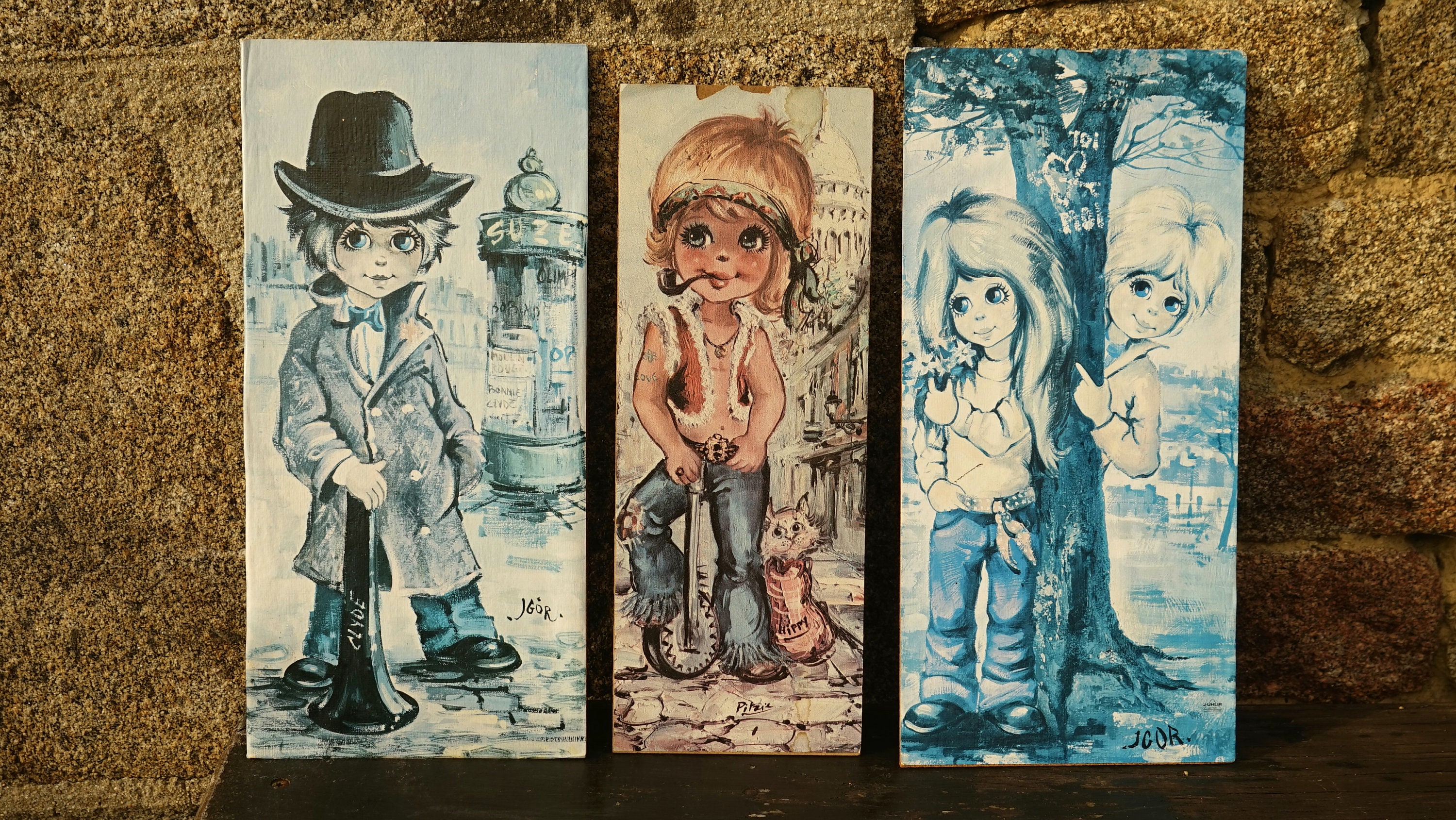 Vintage Retro 1970S Pitzie Prints On Wood Board Signé Par Artist Set Of 3 Wall Art Hanging/Français