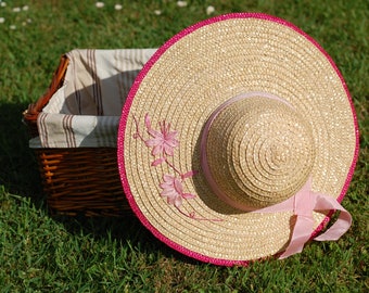 Vintage Straw Hat Wide Brimmed Woven Summer Hat Woven Beach Hat Pink Bow Ribbon/ French Studio Vintage