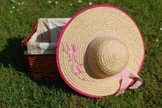 Vintage Straw Hat Wide Brimmed Woven Summer Hat W… - image 1