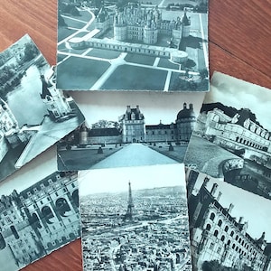 Cartoline francesi d'epoca, set di 7 cartoline con castelli bianchi e neri e famosi edifici, da collezione, regalo/studio francese vintage