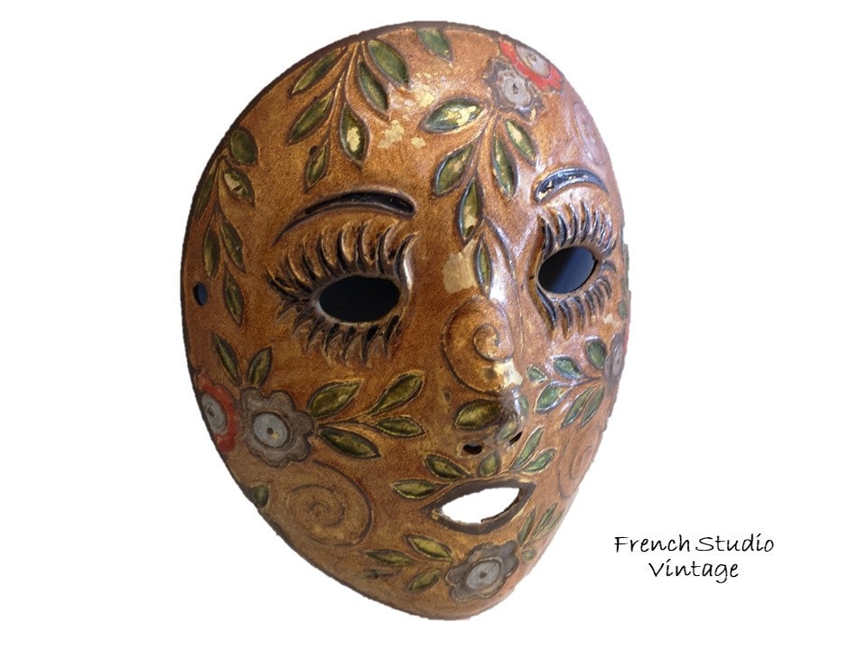 Vintage Brass Art Masque Émail Fleurs Carnaval Facial Affichage Mural Cadeau/Français Studio Vintage