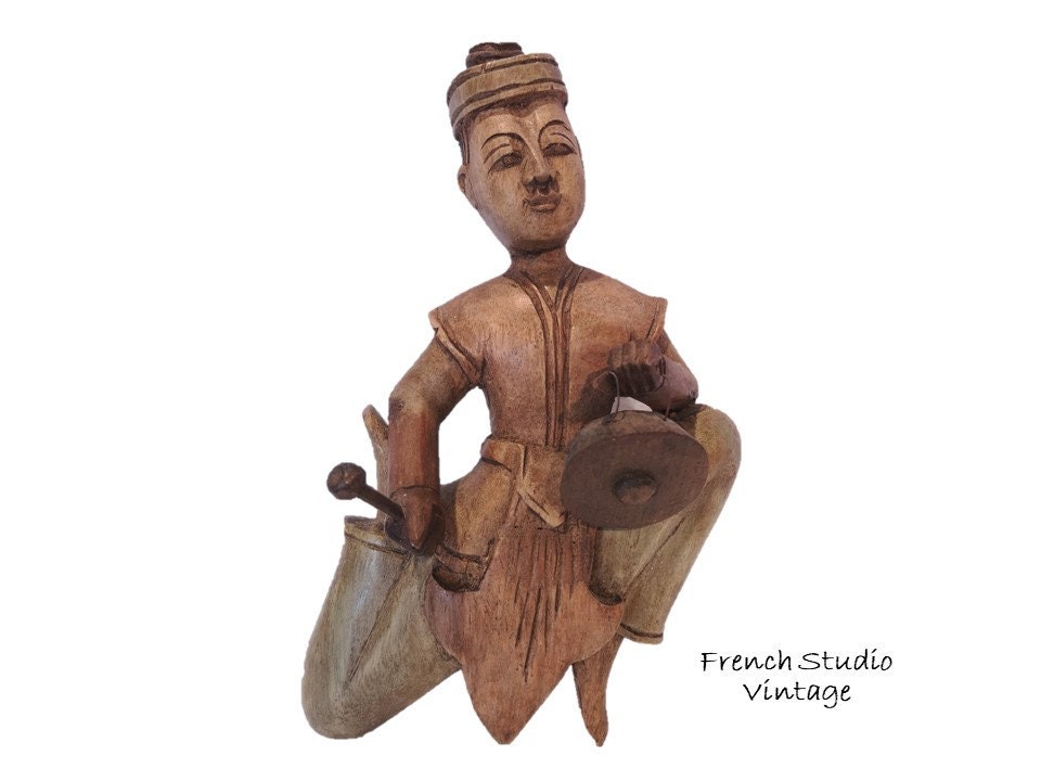 Vintage Bois Asiatique Statue Sculpté Homme Figurine Oriental Folk Art Affichage Cadeau/ Français St