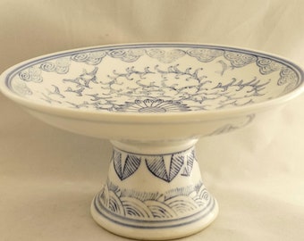 Vintage Ceramic Cake Stand Blue White Cake Plate Fruits Bowl Stand Transferware Oriental Decor/ French Studio Vintage