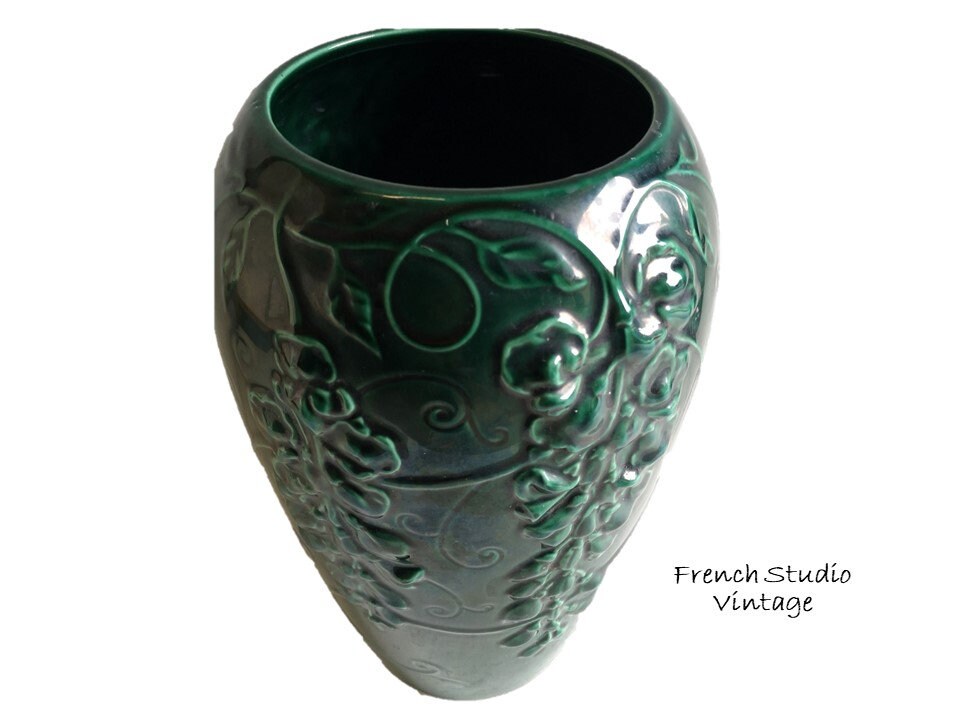Vintage Français Grand Vase Émaillé Vert Majolique 12 Relief Raisins Home Decor Display Gift/studio 