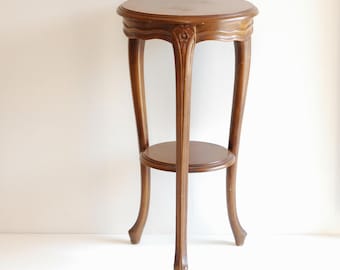 Vintage French Plant Stand ,Pedestal , Side Table ,2 Tier 30" Carved Natural Wood