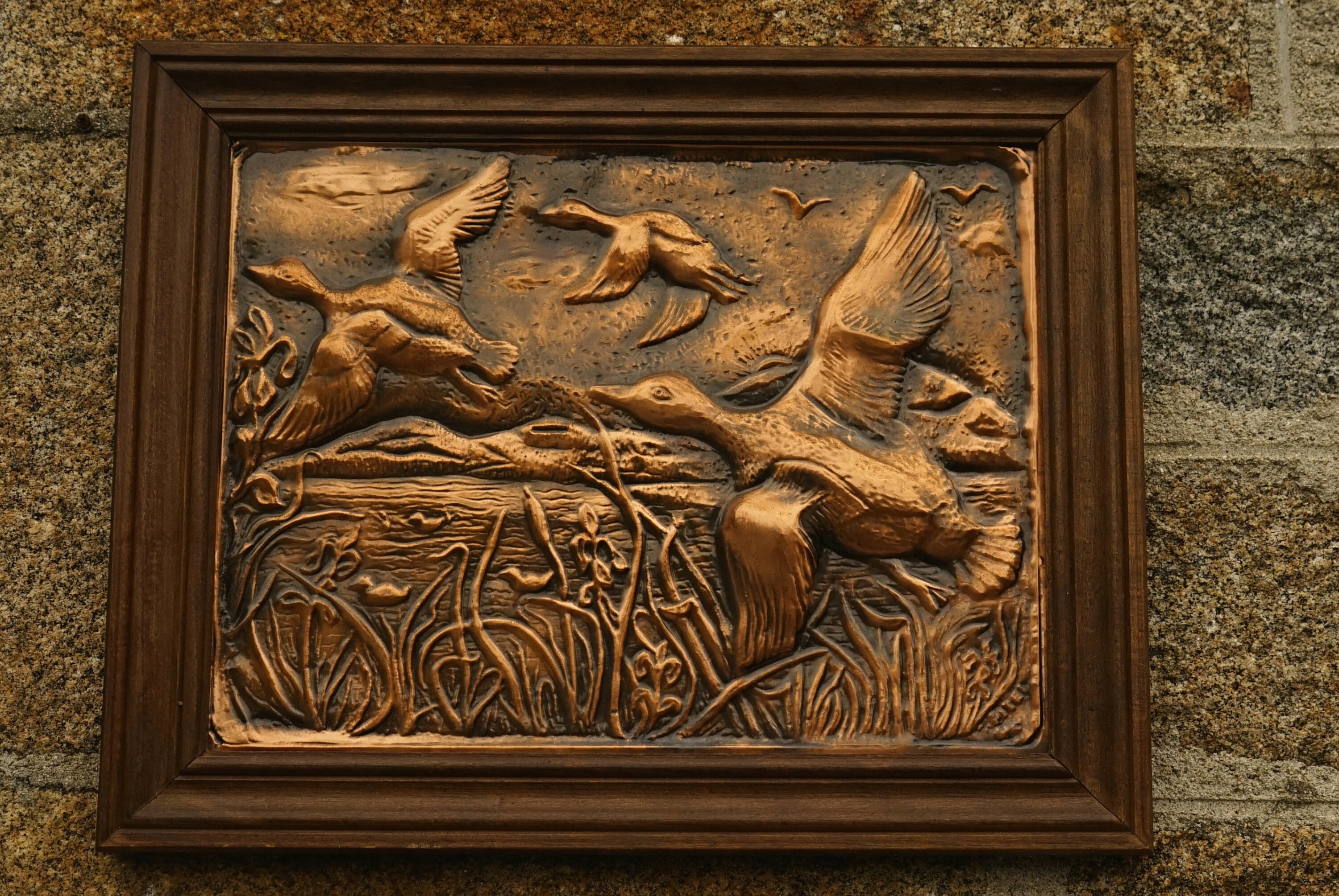 Vintage Français Wall Hanging Copper Birds Picture Large 20 Wooden Frame Relief Scene Art Display Gi