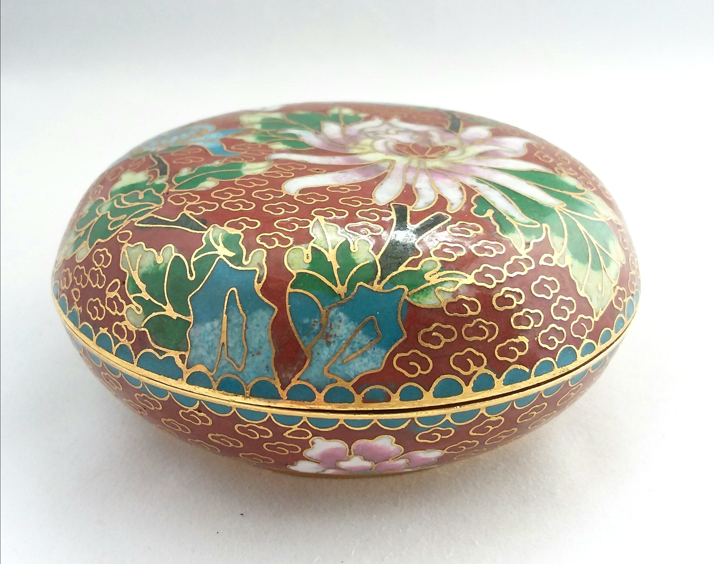 Vintage Chinois Cloisonne Boîte Cuivre Floral Jewelry Box Bibelot de Rangement Art Oriental Cadeau/F