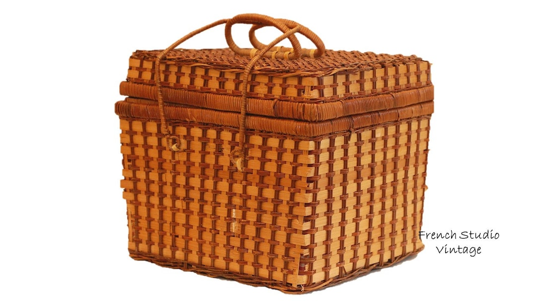 Vintage French Wicker Picnic Basket With Handle Fabric Inside Camping French Country Boho Decor