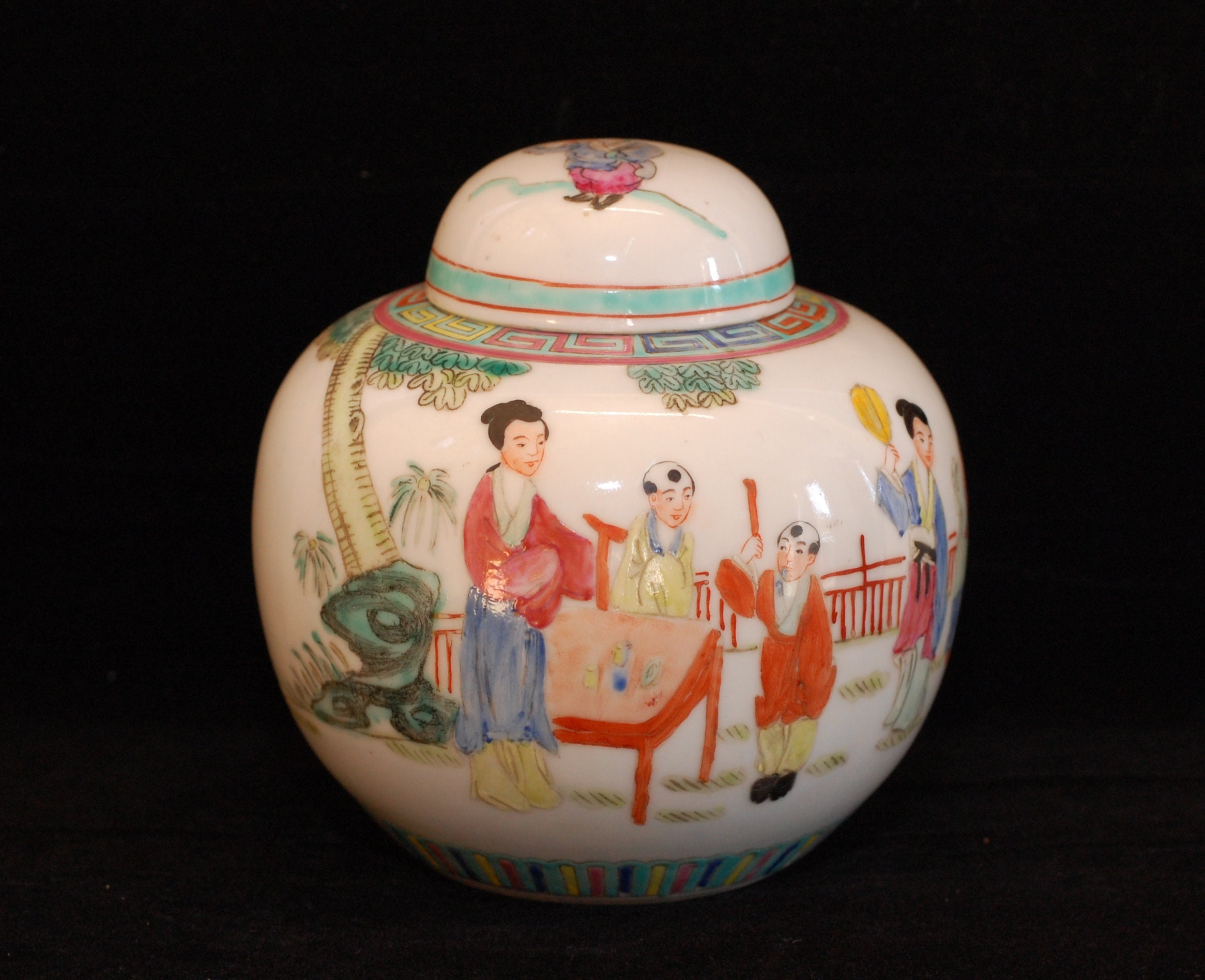 Pot de Gingembre Chinois Vintage avec Couvercle Peint à La Main Caractères Traditionnels Art Asiatiq