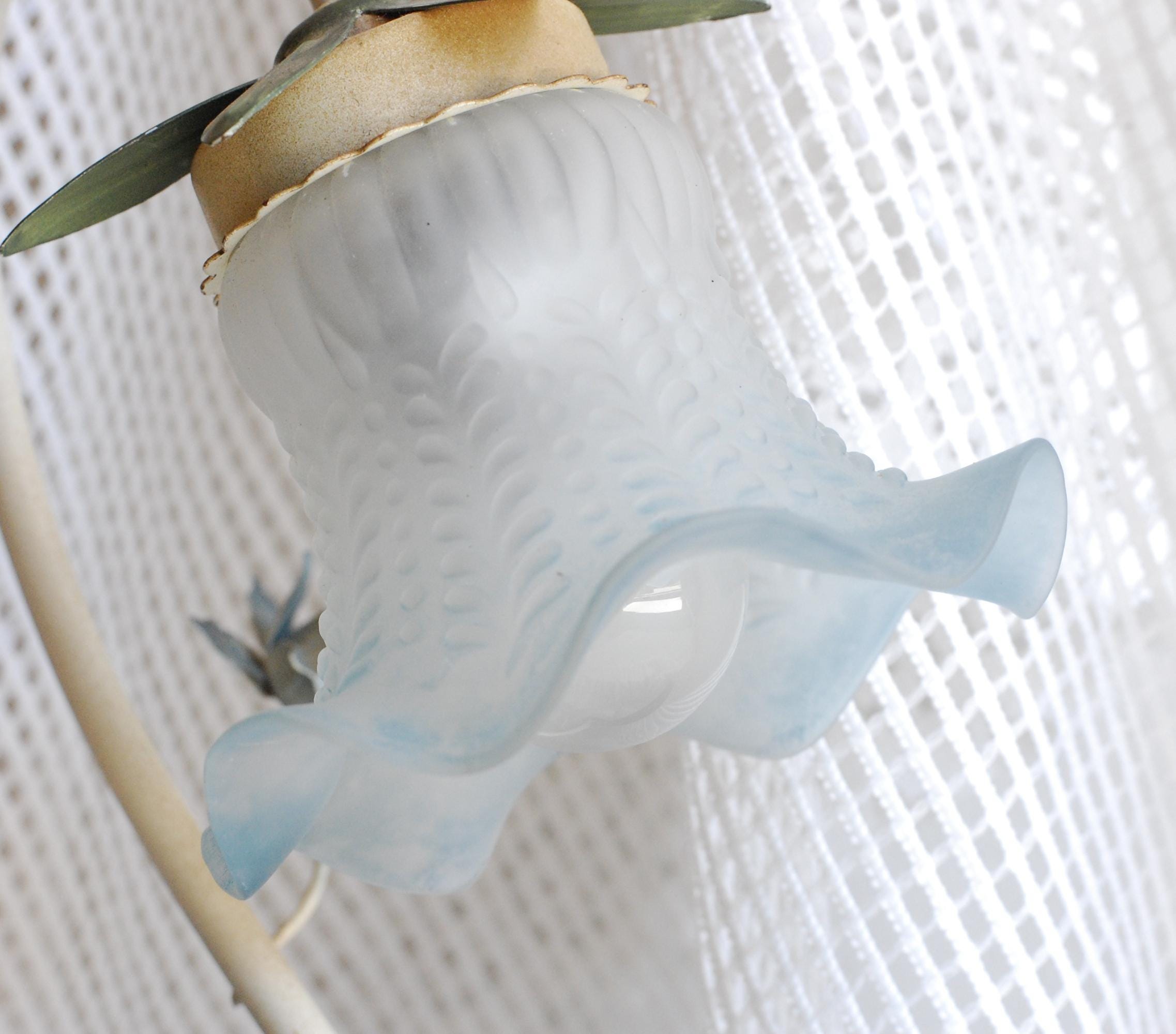 Vintage French Table Lamp: Floral Metal Base, Blue Glass Shade - Etsy