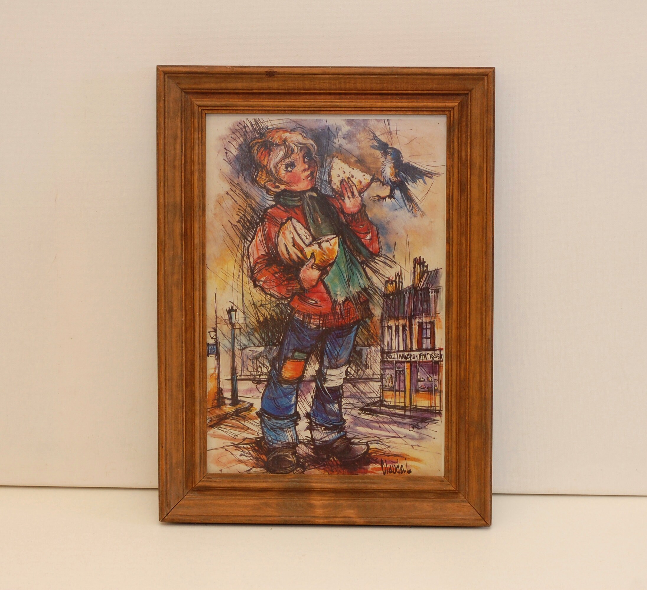 Impression Vintage avec Cadre en Bois Affichage d'art Mural Signé Par Artiste/Français Studio Vintag