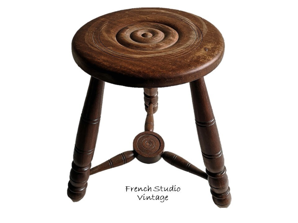 Vintage French Wood Stool Plant Stand Side Table Tripod