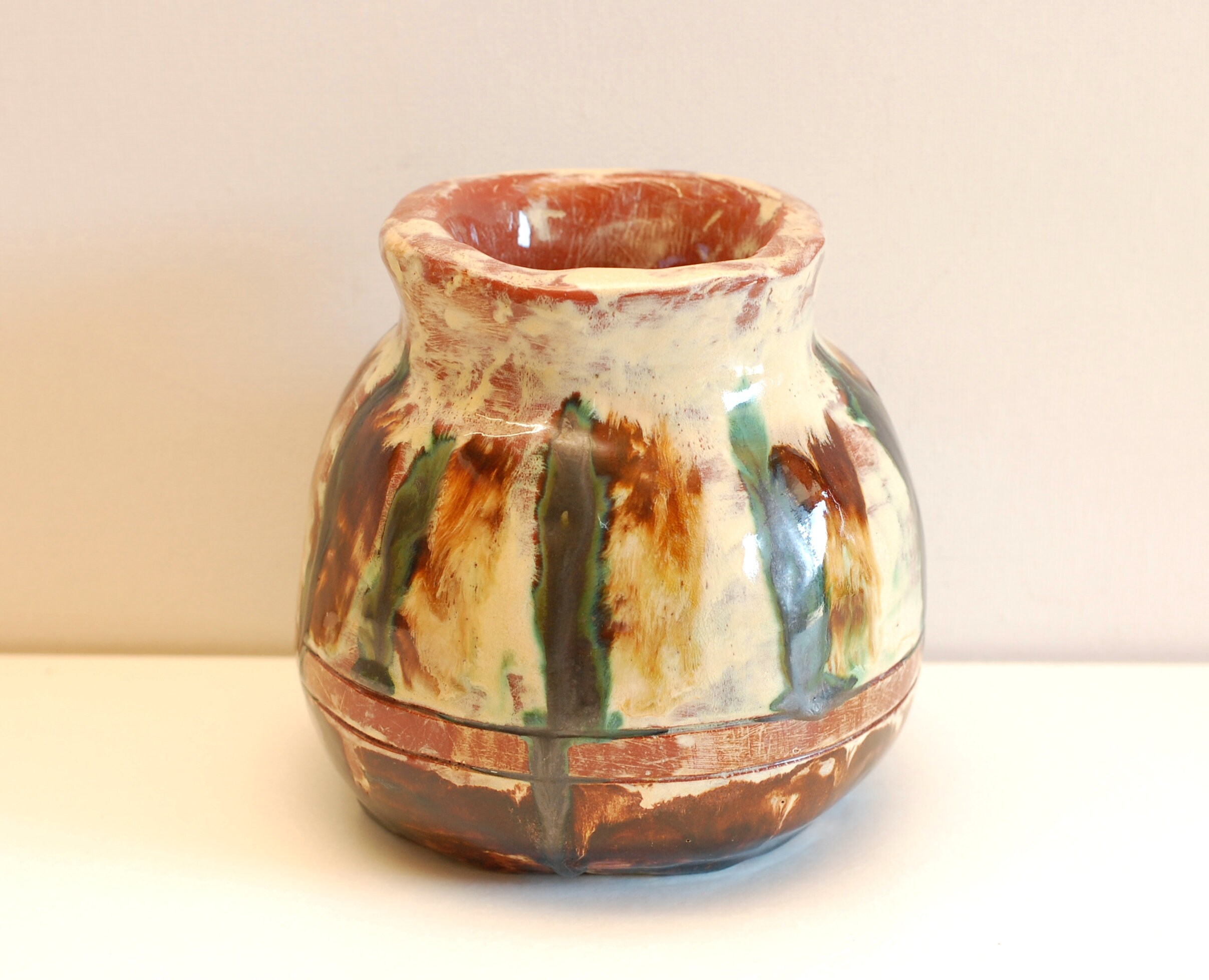 Vintage Français Poterie Conteneur Vase Fait à La Main Vitré Studio Pot Display/Vintage