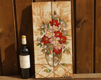Vintage Floral Ceramic Tile Wall Hanging  - Singed by Artist