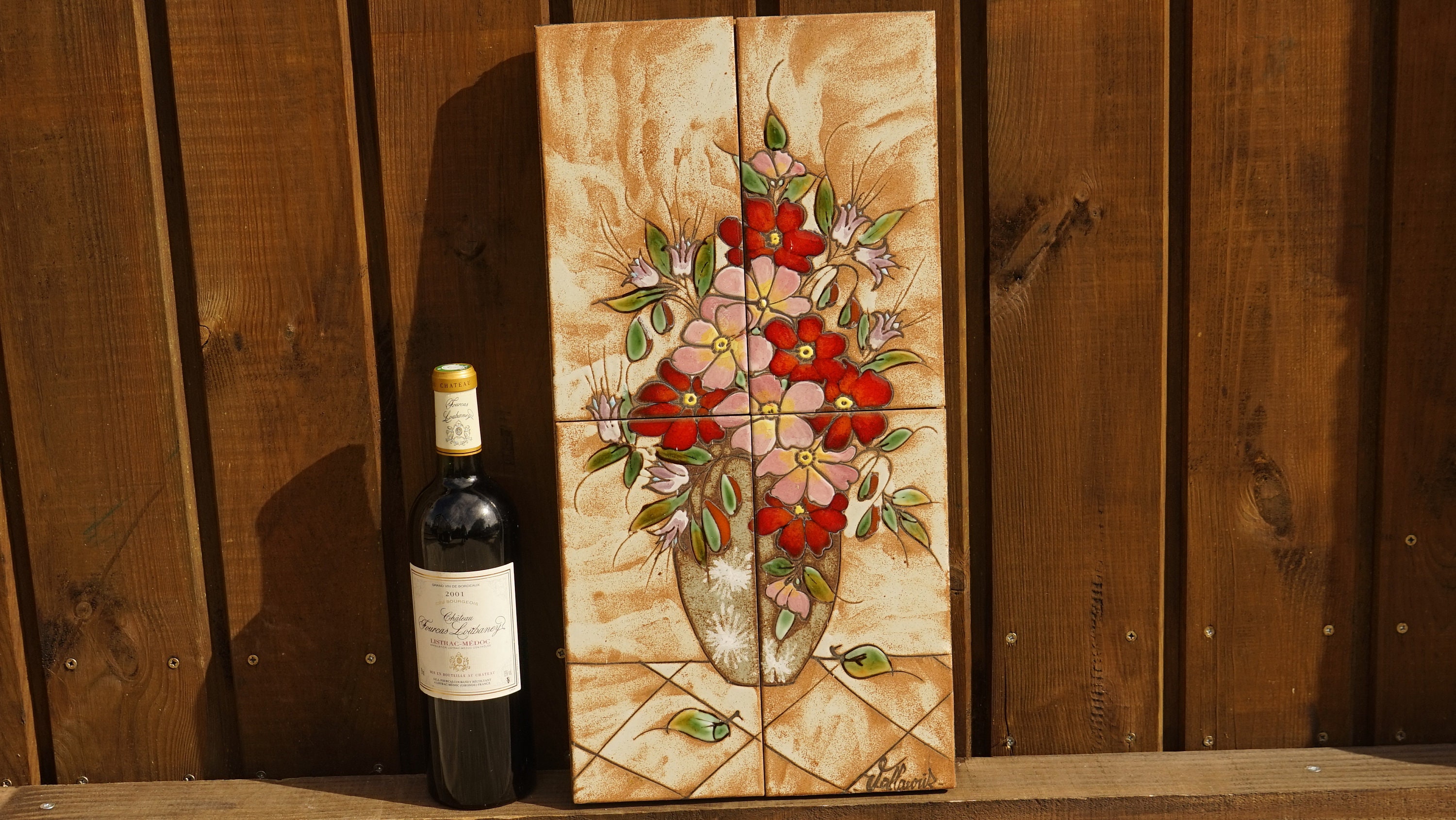 Vintage Grands Carreaux de Céramique Panneau Mural Plaque Floral Art Suspendu Cadre en Bois Signé Pa