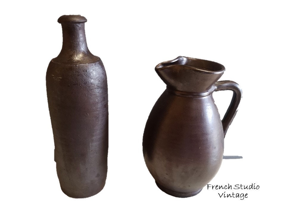 Vintage Français Poterie Pichet Conteneur Vase Fait à La Main Clay Pot Home Decor Display Gift Set d
