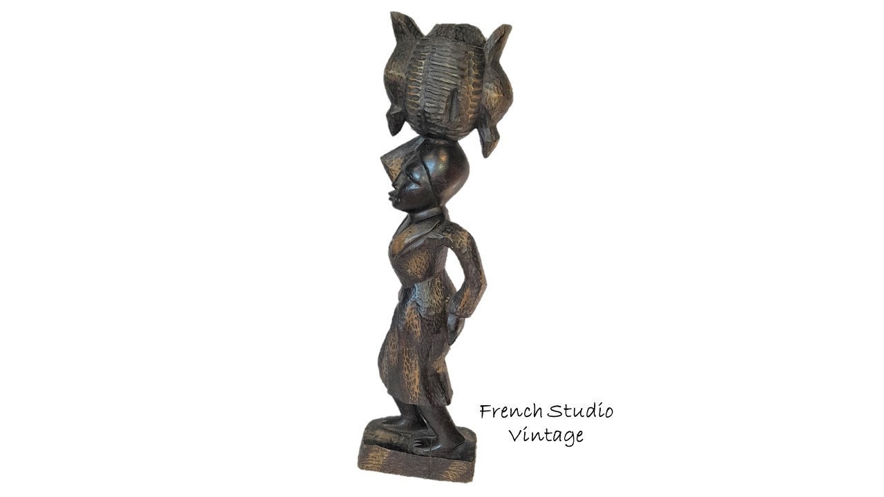 Vintage Grande Statue Africaine en Bois Figurine 18.5 Sculpture de Dame Sculptée à La Main Naturel A