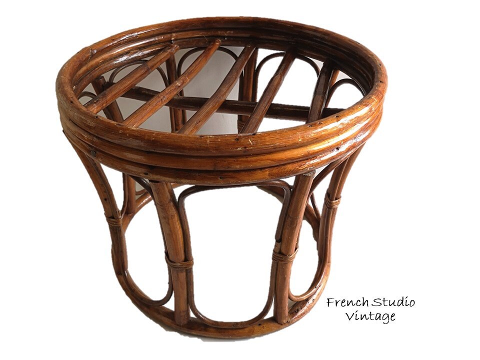 Vintage Bambou Tabouret Rond Table d'appoint Canne Plante Stand Boho Décor Meubles/Français Studio V