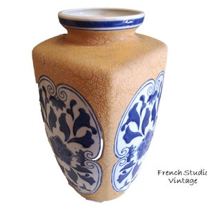 Vintage Chinese Large Vase Blue White With Earthenware Rough Coating Flower Pattern Home Decor / French Studio Vintage