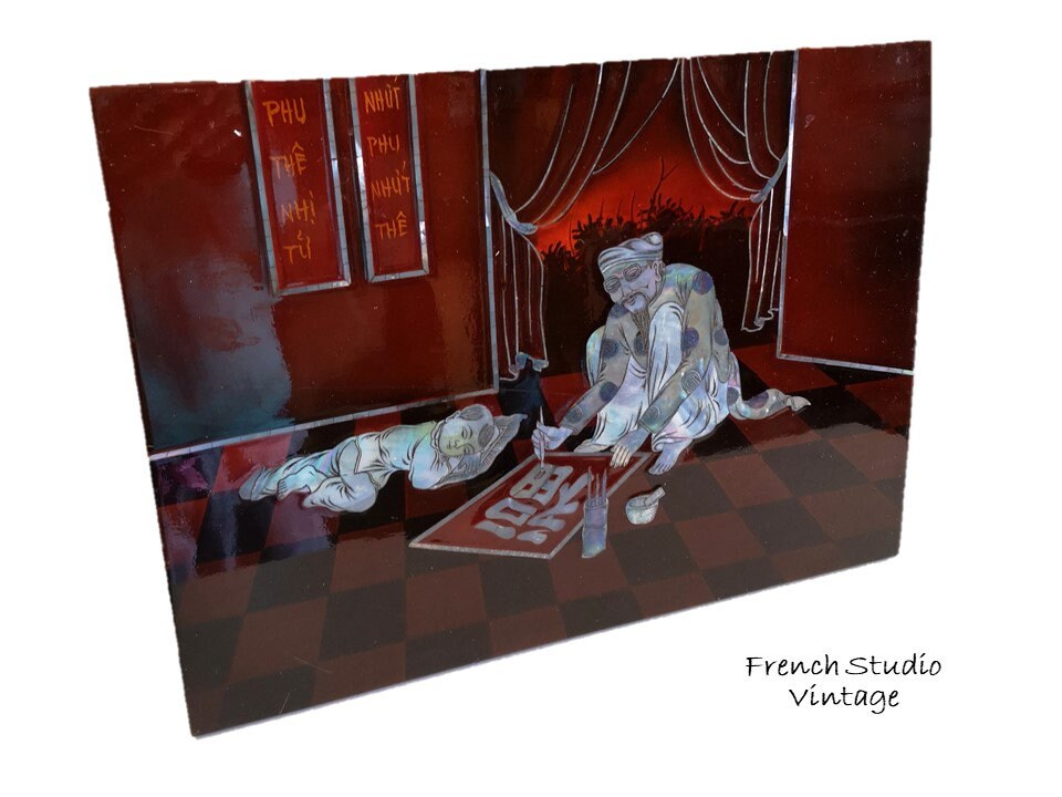 Vintage Grande Laque Chinoise Panneau Mural Incrustation Nacre Image Chinois Texte 16 Bois Asiatique