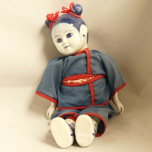 Vintage Asian Girl Doll Ceramic Head Feet Hands / Cloth Body Unusual Doll Toy Collectibles / French Studio Vintage