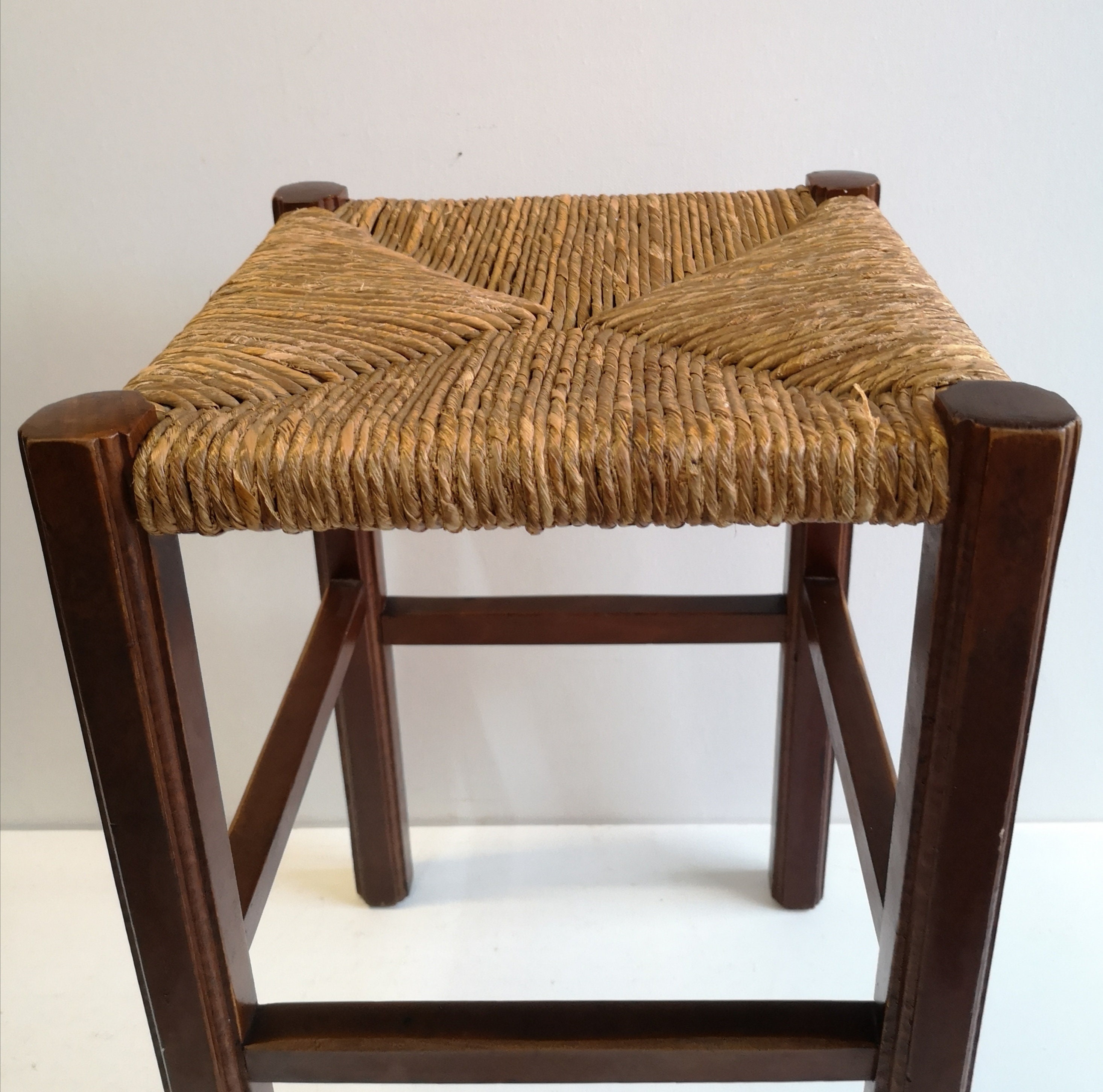 Vintage French Wooden Stool Chair with Straw Seat Plant Stand Etsy