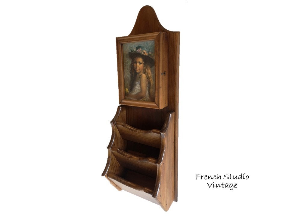 Vintage Wood Keys Box & Letter Rack Wall Hanging Range Rangement Entryway Furniture Display/Français