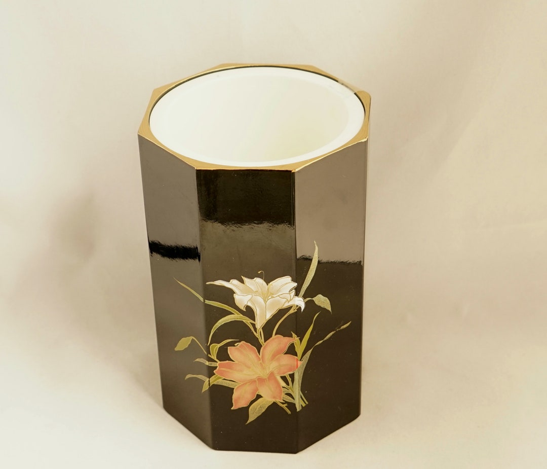 Vintage Japanese Lacquer Vase Double Layer Flora Decor Asian Art Gift