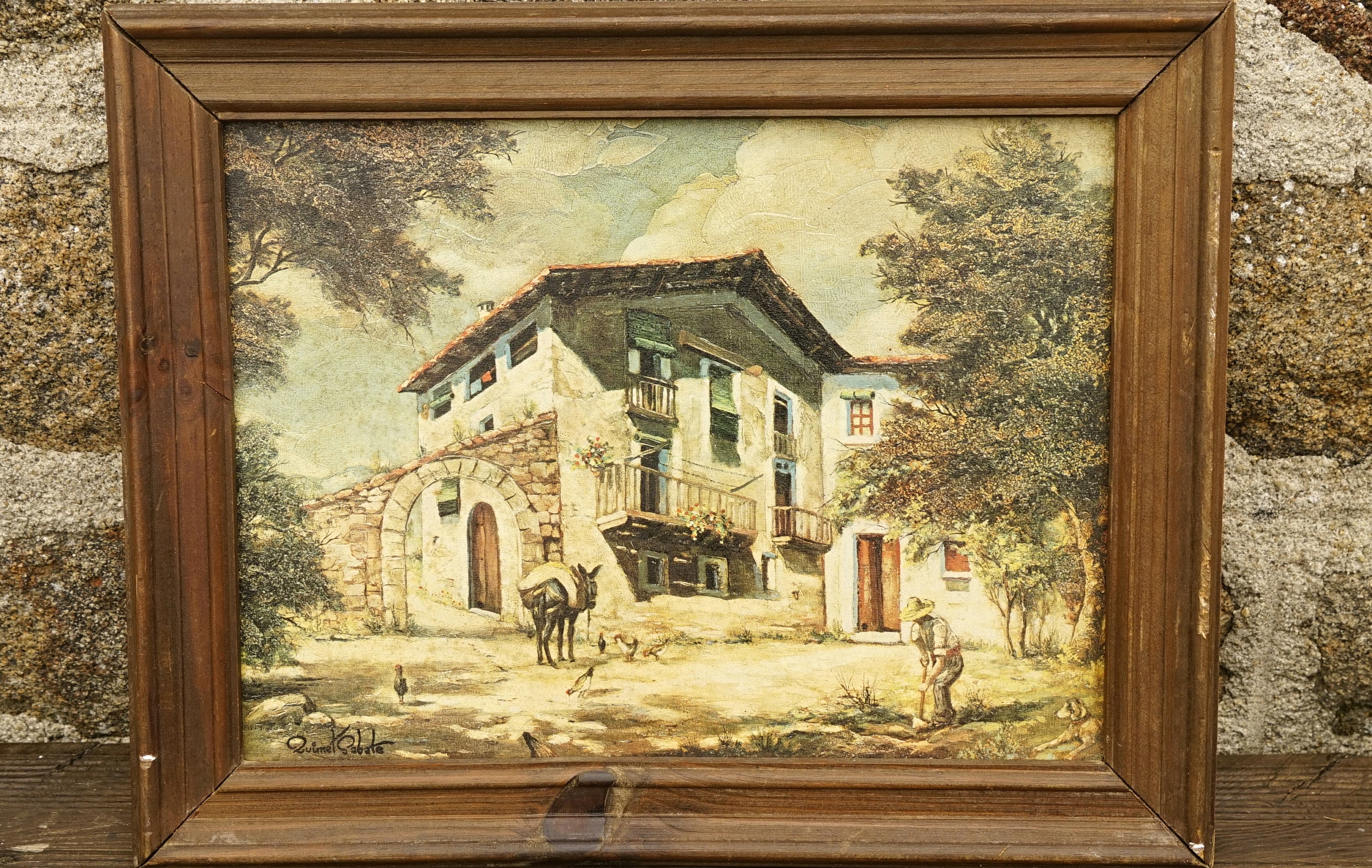 Impression Vintage avec Cadre en Bois Scène de Campagne Signée Par L'artiste Affichage d'art Mural/F