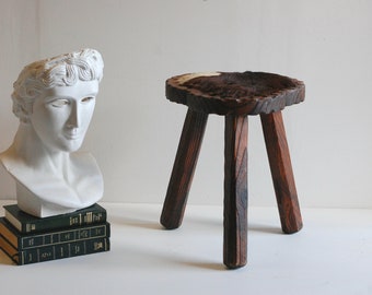 Vintage Wood Tripod Stool: Fur Seat, Hand Made Chair