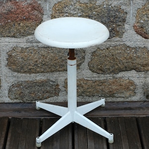 Vintage Industrial Stool Side Table Metal & Wood Adjustable Furniture Display / French Studio Vintage