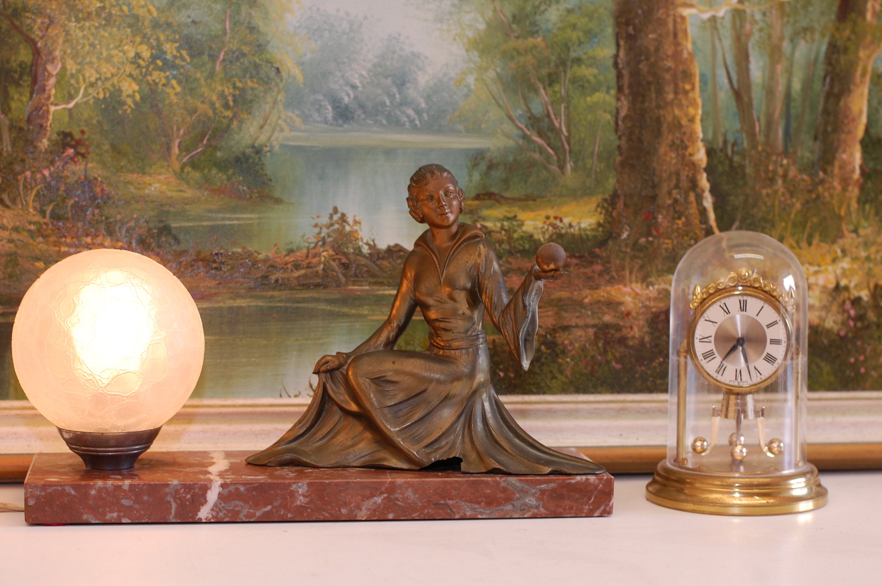 Vintage French Table Lamp, Light, Brass Lady Figurine Marble Base