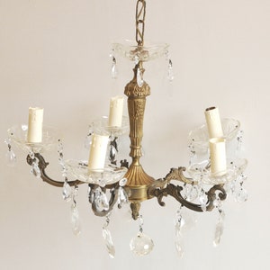 Vintage French Chandelier Ceiling Light Bronze Glass 5 Arm Candle Bulb Drop Cut Glass Column/Need Repair