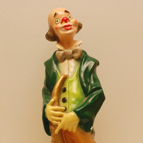 Vintage grande statue clown musicien figurine sculpture en plâtre 15" présentoir d'ornements d'art / studio français vintage