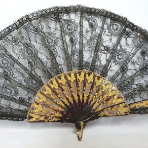 Vintage Hand Black Lace Fan Folded Fans Bridal Shower Retro Style Gift/ French Studio Vintage