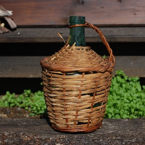 Vintage French Glass Bottle Wicker Green Glass Demijohn Farmhouse French Barware Display/French Studio Vintage glass but5le
