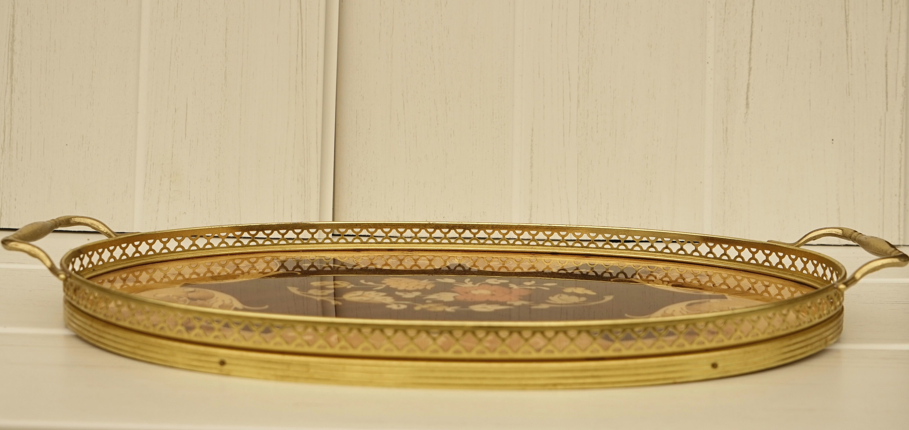 Vintage Serving Tray Inlaid Floral Marquetry Wooden Tray Brass | Etsy