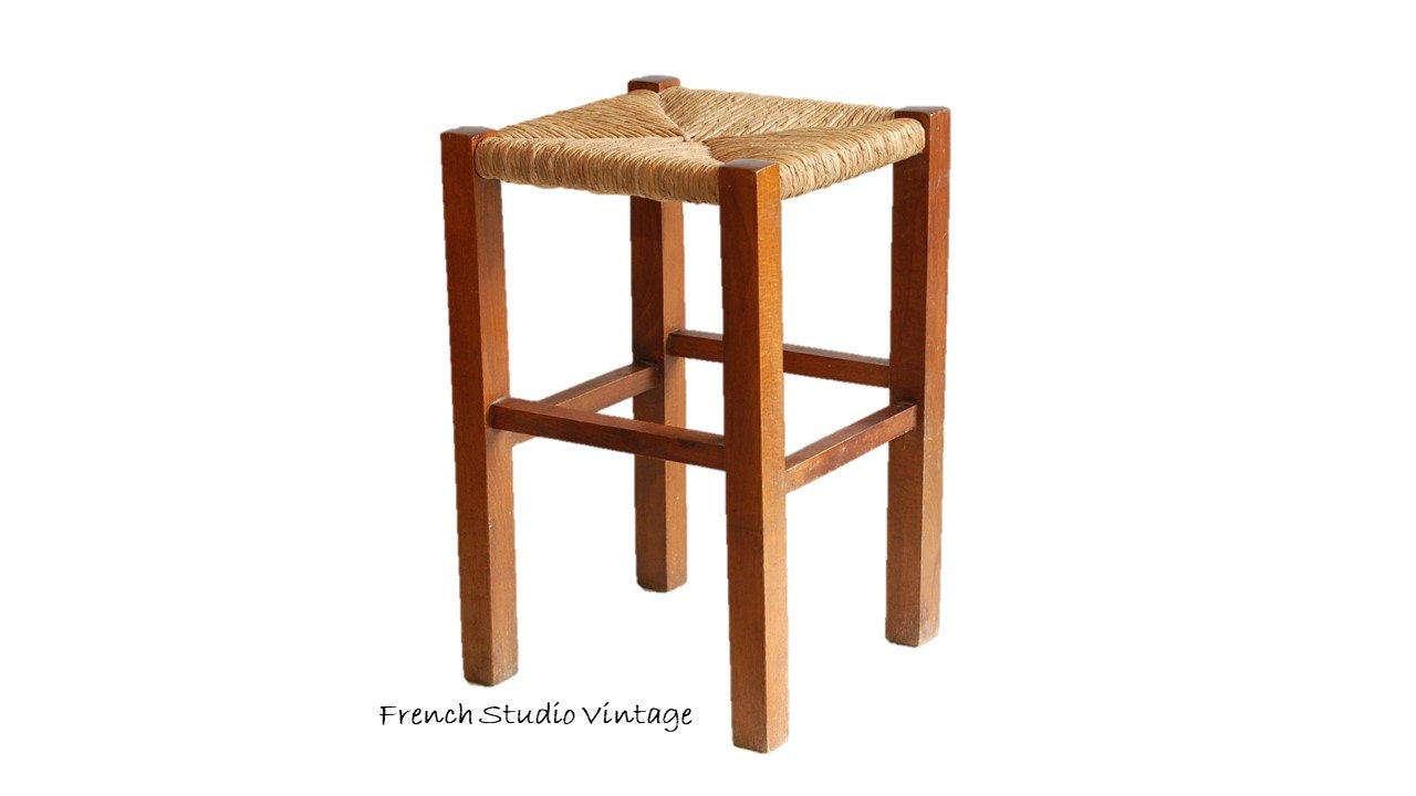Vintage Français Chaise Tabouret en Bois avec Siège Paille Plant Stand Petite Table d'appoint Mid Ce