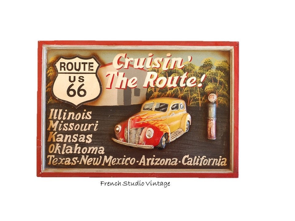 Panneau de Bois Vintage Signes Rout 66 Usa 3D Voiture Grand Plaqe Accrochage Mural Art Décor Afficha
