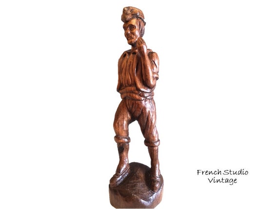 Vintage French Large Wood Man Statue Figurine Hand Carved Folk Art Display  / French Studio Vintage 
