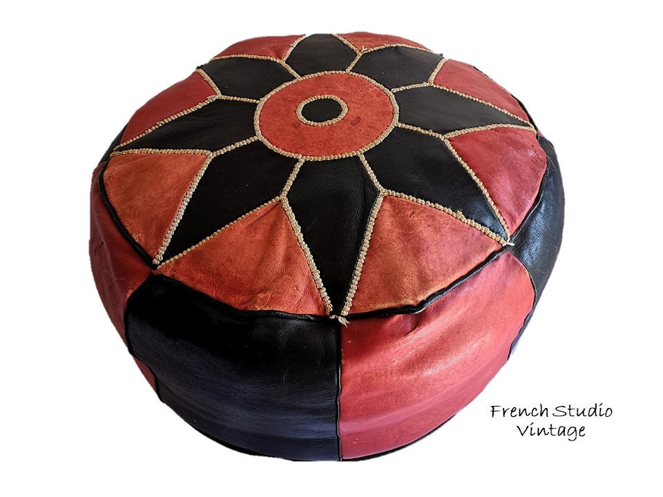 Vintage Leather Pouf Moroccan Stool Cushion Foot Rest Middle Eastern Home Decor Display/ French Studio Vintage