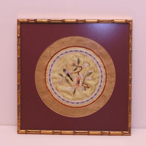 Vintage Chinese Silk Embroidery Tapestry With Wood Frame Wall Hanging Hand Embroidered Birds Flowers Oriental Art Display
