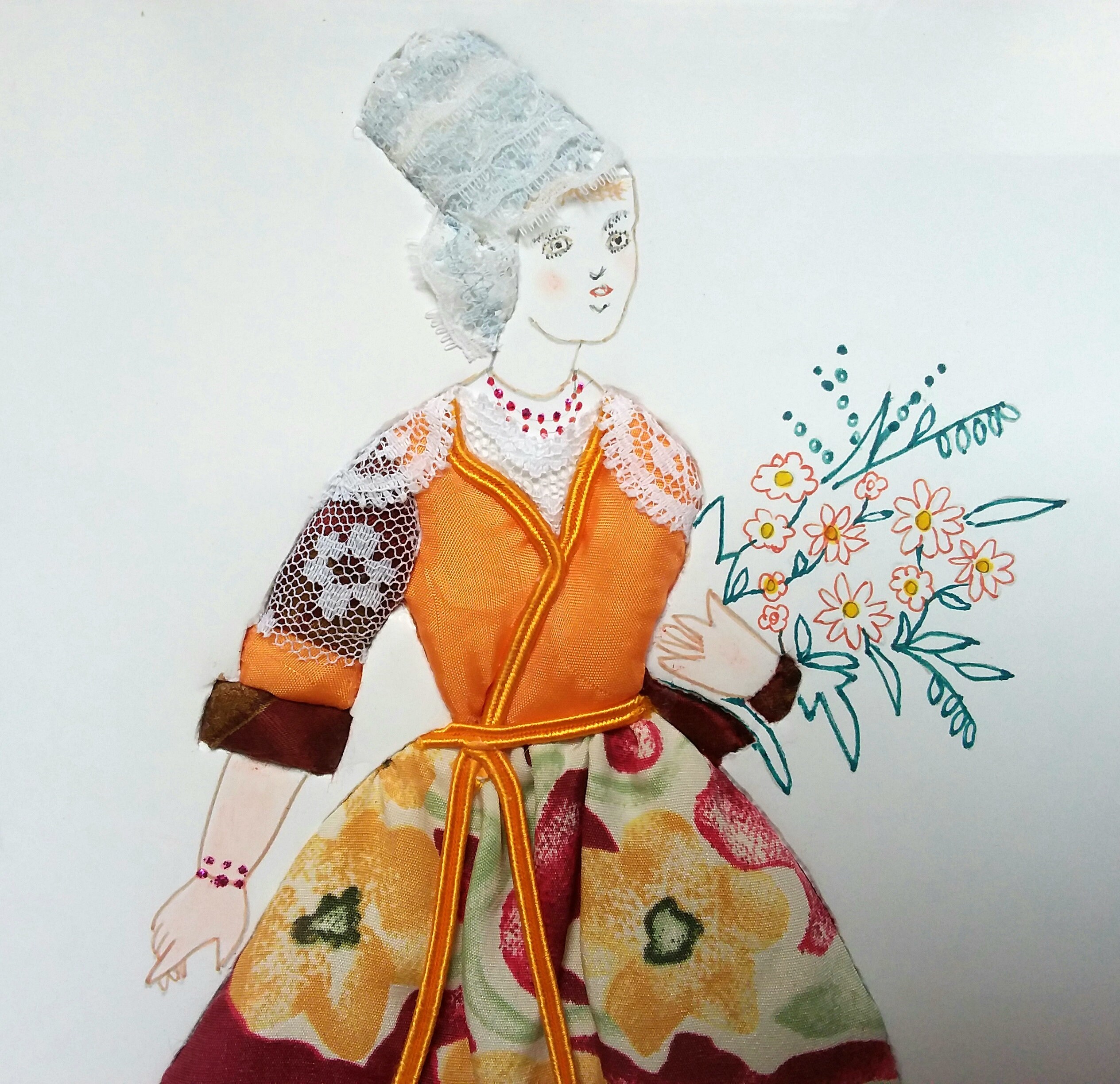 Vintage Français Handmade Patchwork Fabric Artwork Tissu Mixte Lady Cadeau/studio Vintage