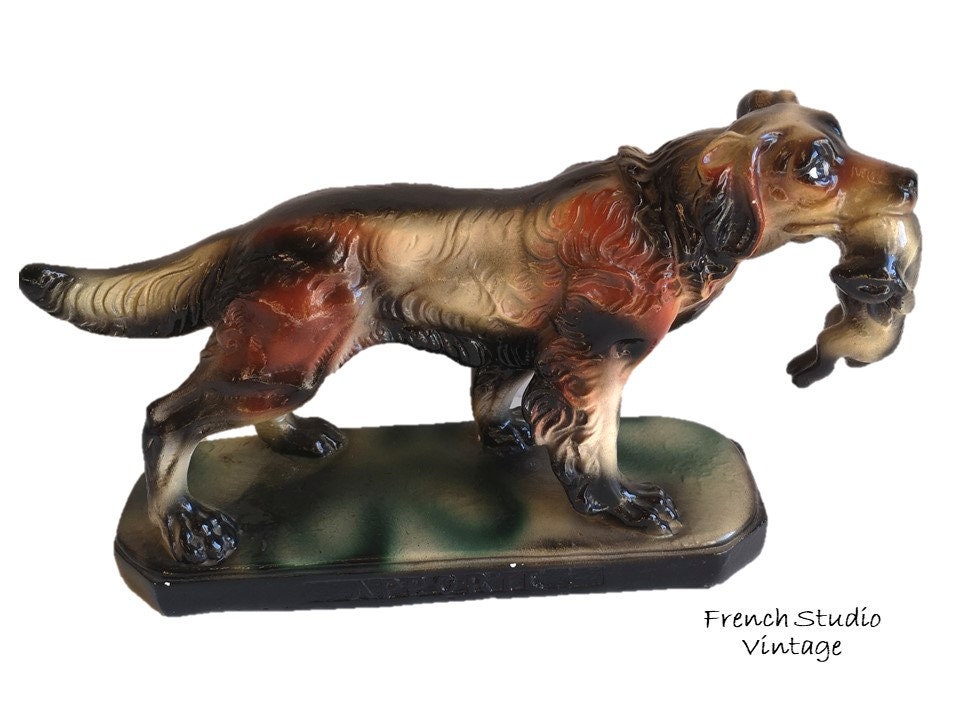 Vintage Français Dog Figurine Plâtre Ornements Animaux Signé Stature Affichage Cadeau/Studio Vintage